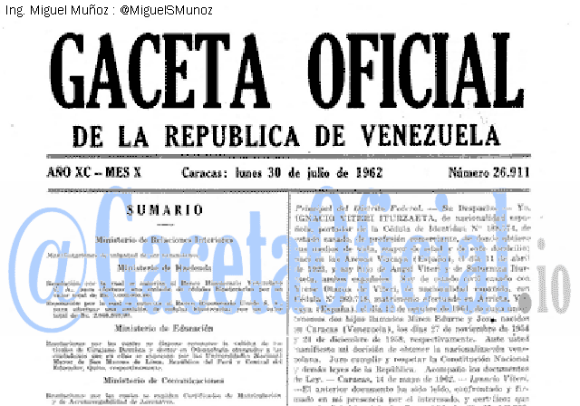 Gaceta Oficial 26911 del 30 Julio 1962