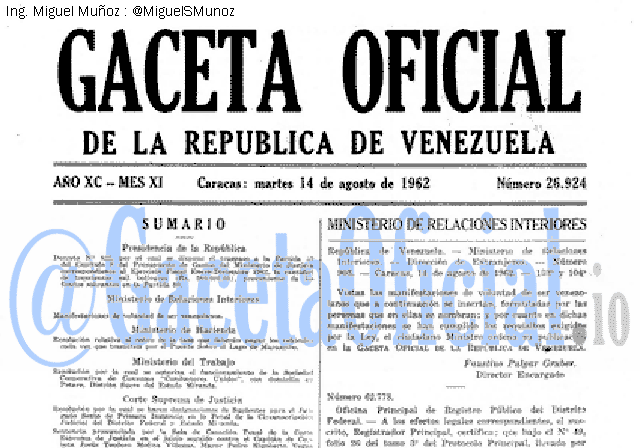 Gaceta Oficial 26924 del 14 Agosto 1962