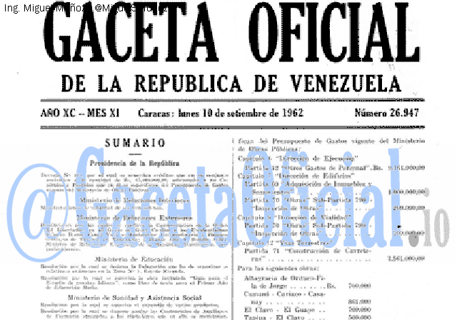Gaceta Oficial 26947 del 10 Septiembre 1962