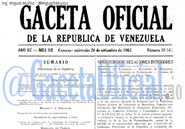 Gaceta Oficial 26961 del 26 Septiembre 1962