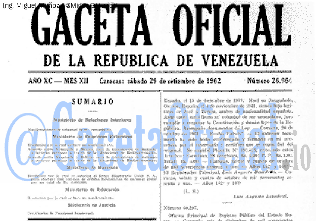 Gaceta Oficial 26964 del 29 Septiembre 1962
