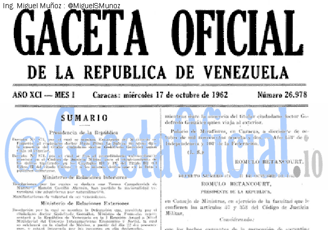 Gaceta Oficial 26978 del 17 Octubre 1962