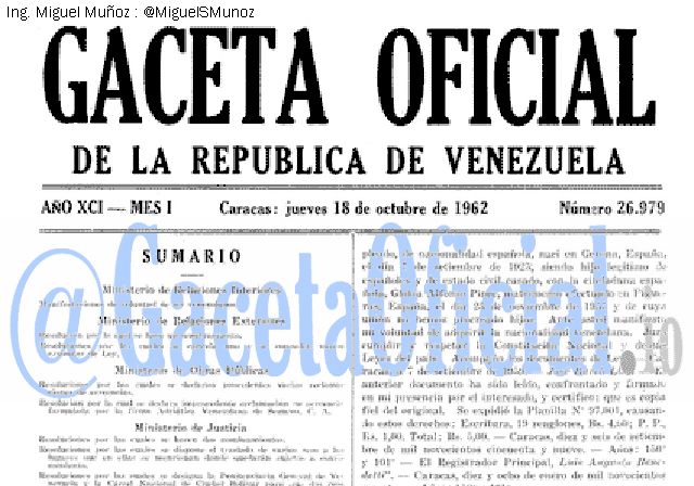 Gaceta Oficial 26979 del 18 Octubre 1962