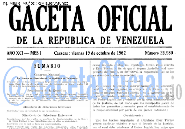 Gaceta Oficial 26980 del 19 Octubre 1962
