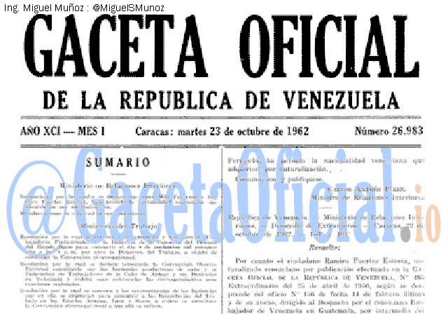 Gaceta Oficial 26983 del 23 Octubre 1962