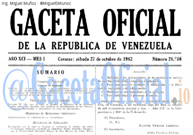 Gaceta Oficial 26986 del 27 Octubre 1962