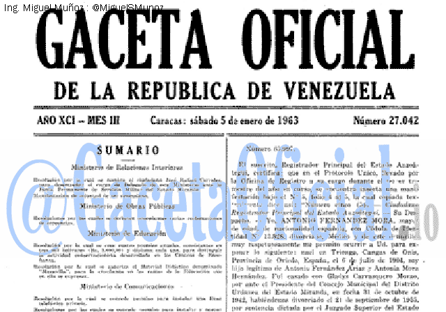 Gaceta Oficial 27042 del 5 Enero 1963