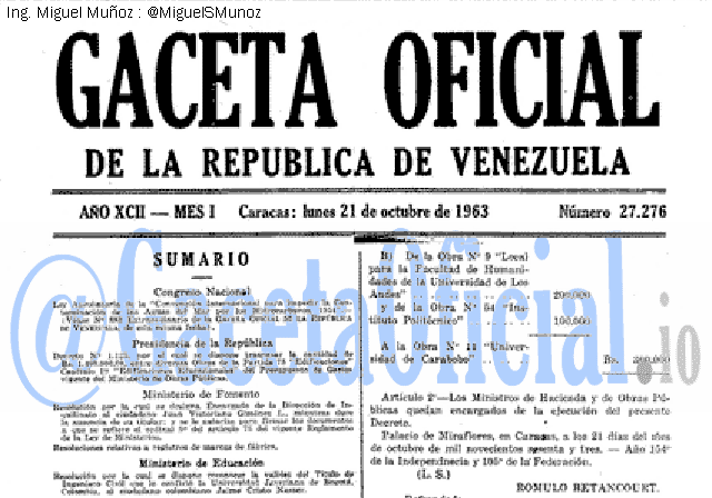 Gaceta Oficial 27276 del 21 Octubre 1963