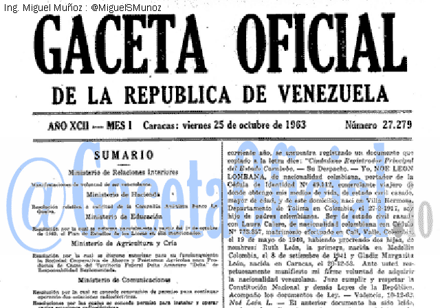 Gaceta Oficial 27279 del 25 Octubre 1963
