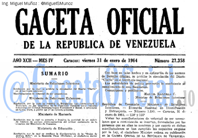 Gaceta Oficial 27358 del 31 Enero 1964