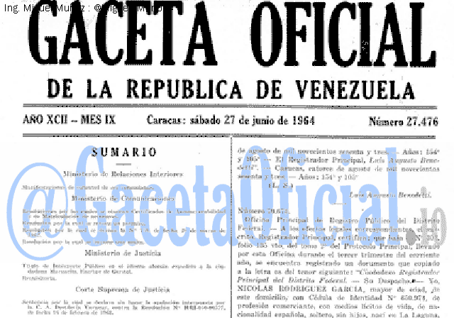 Gaceta Oficial 27476 del 27 Junio 1964