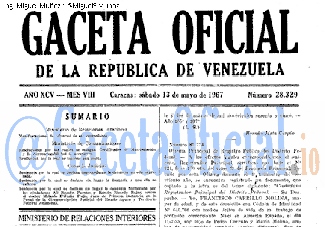 Gaceta Oficial 28329 del 13 Mayo 1967