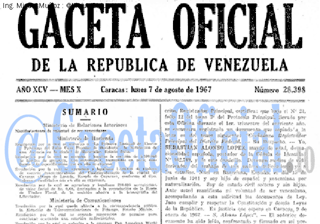 Gaceta Oficial 28398 del 7 Agosto 1967