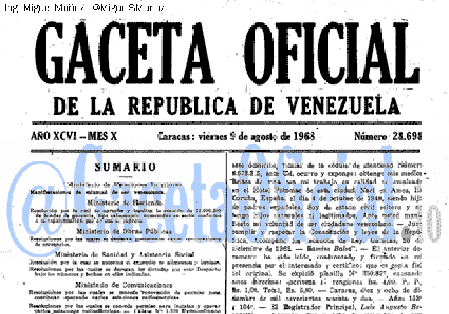 Gaceta Oficial 28698 del 9 Agosto 1968