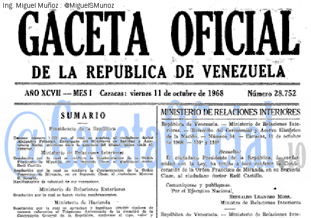 Gaceta Oficial 28752 del 11 Octubre 1968