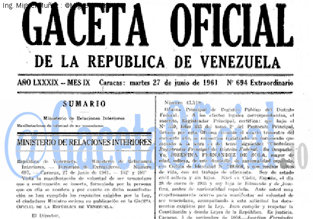 Gaceta Oficial 694 del 27 Junio 1961