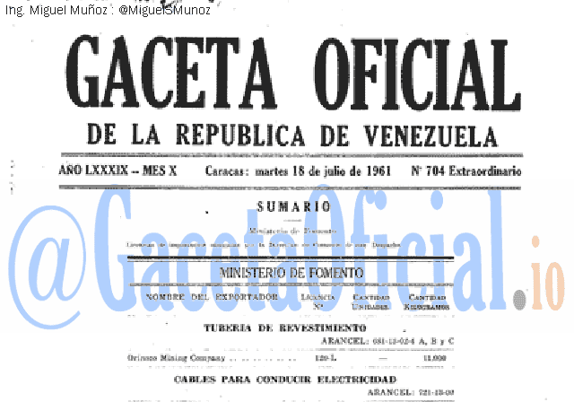 Gaceta Oficial 704 del 18 Julio 1961