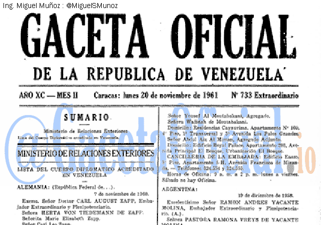 Gaceta Oficial 733 del 20 Noviembre 1961