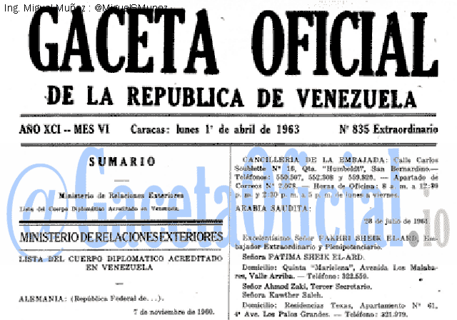 Gaceta Oficial 835 del 1 Abril 1963