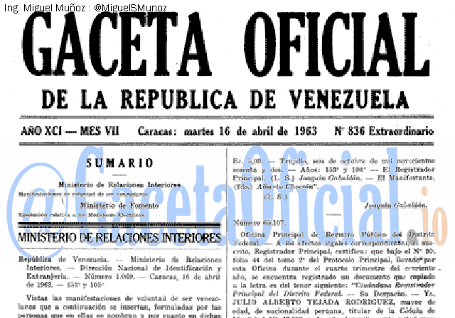 Gaceta Oficial 836 del 16 Abril 1963