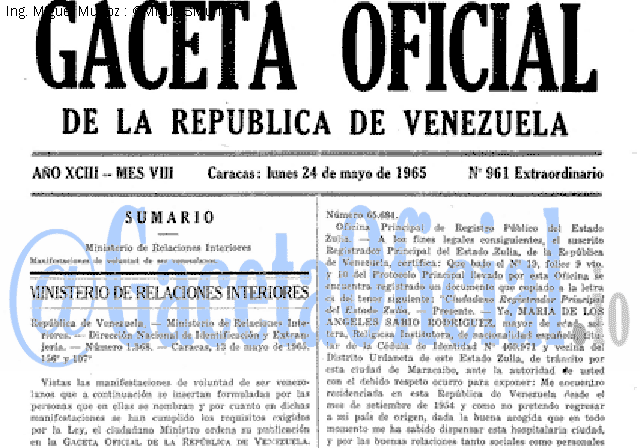 Gaceta Oficial 961 del 24 Mayo 1965