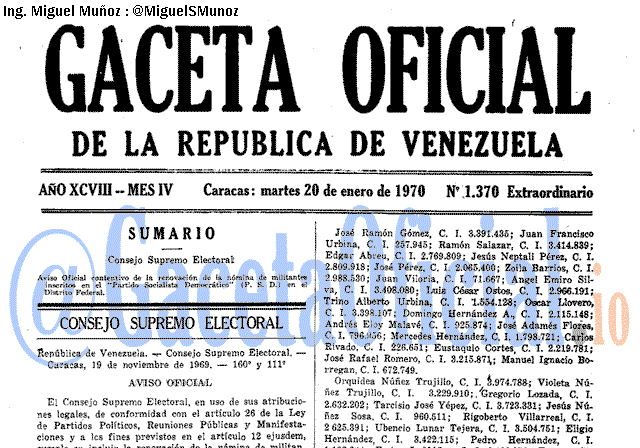 Gaceta Oficial 1370 del 20 Enero 1970