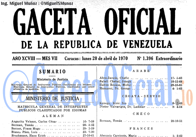 Gaceta Oficial 1396 del 20 Abril 1970