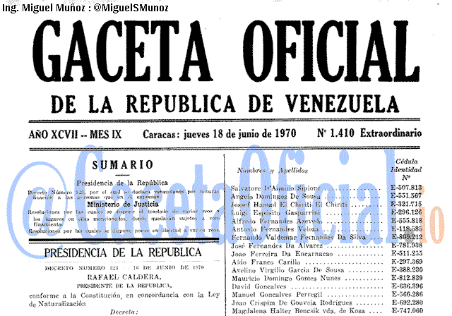 Gaceta Oficial 1410 del 18 Junio 1970
