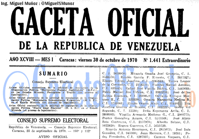 Gaceta Oficial 1441 del 30 Octubre 1970
