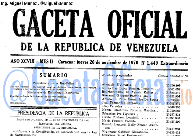 Gaceta Oficial 1449 del 26 Noviembre 1970