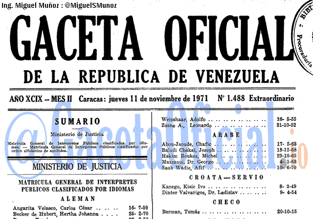 Gaceta Oficial 1488 del 11 Noviembre 1971