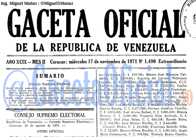 Gaceta Oficial 1490 del 17 Noviembre 1971