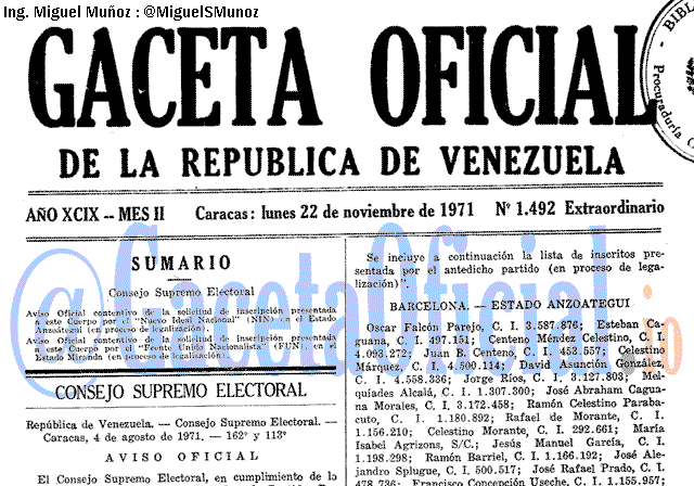 Gaceta Oficial 1492 del 22 Noviembre 1971