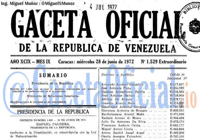 Gaceta Oficial 1529 del 28 Junio 1972