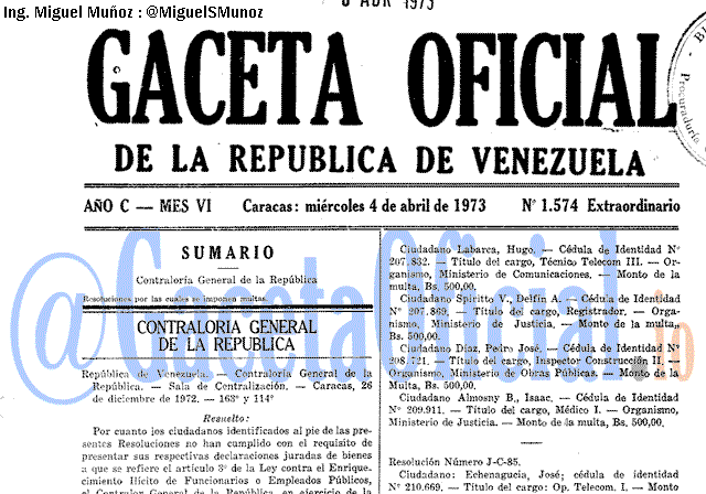 Gaceta Oficial 1574 del 4 Abril 1973