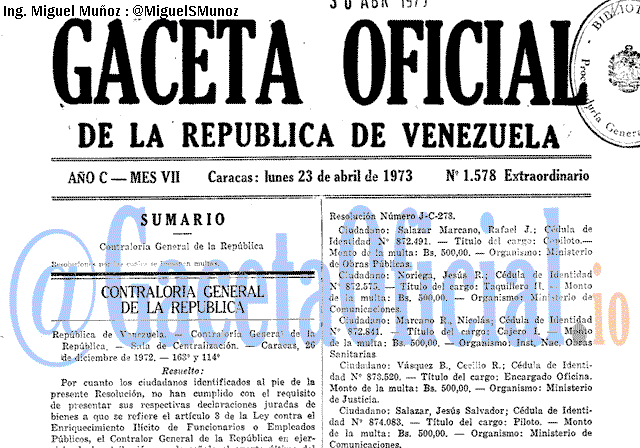 Gaceta Oficial 1578 del 23 Abril 1973