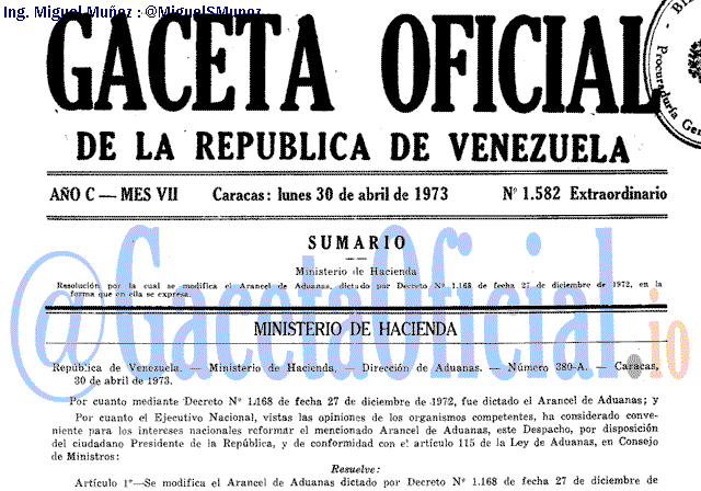 Gaceta Oficial 1582 del 30 Abril 1973
