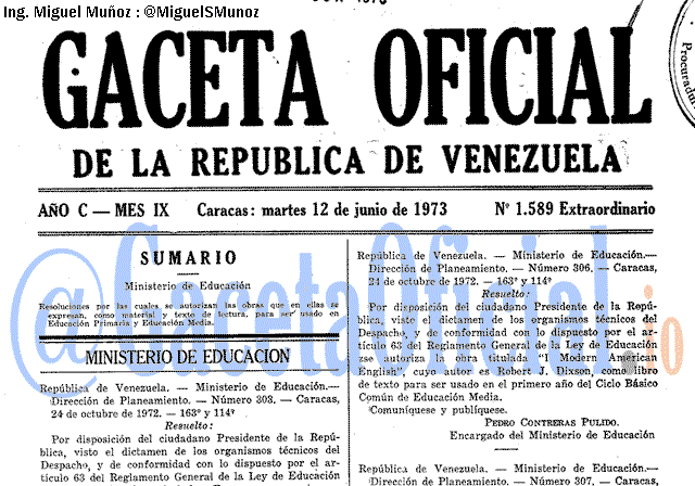 Gaceta Oficial 1589 del 12 Junio 1973