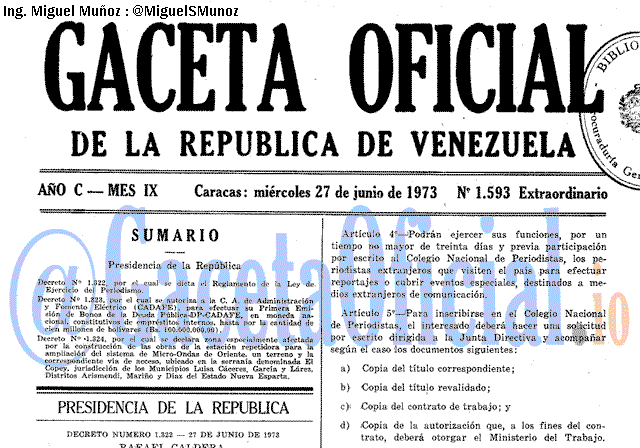 Gaceta Oficial 1593 del 27 Junio 1973