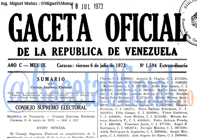 Gaceta Oficial 1594 del 6 Julio 1973
