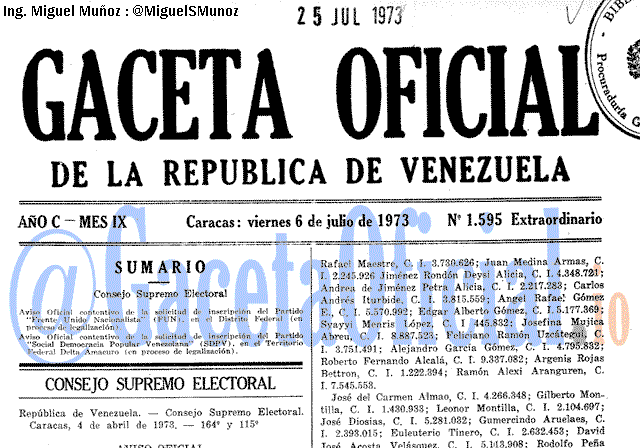 Gaceta Oficial 1595 del 6 Julio 1973