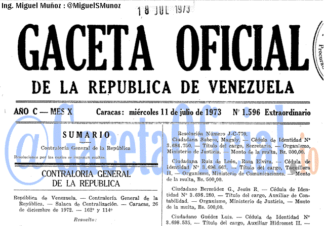 Gaceta Oficial 1596 del 11 Julio 1973
