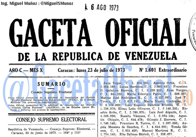 Gaceta Oficial 1601 del 23 Julio 1973
