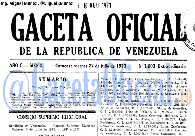 Gaceta Oficial 1603 del 27 Julio 1973