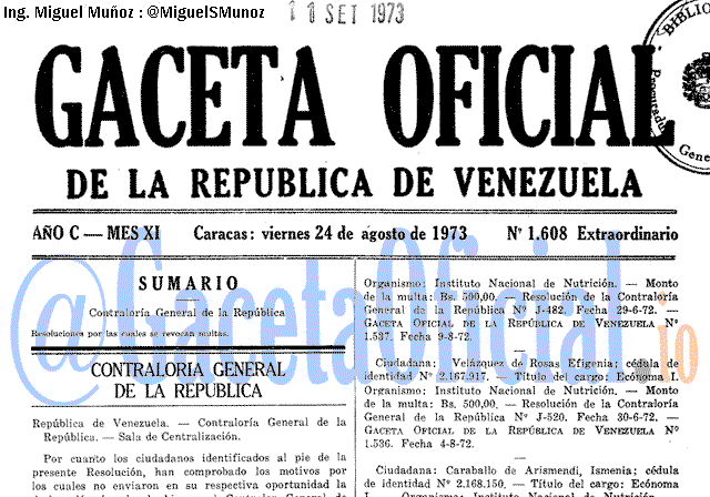 Gaceta Oficial 1608 del 24 Agosto 1973