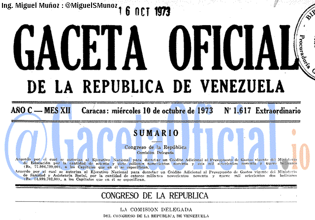 Gaceta Oficial 1617 del 10 Octubre 1973