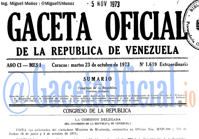 Gaceta Oficial 1619 del 23 Octubre 1973