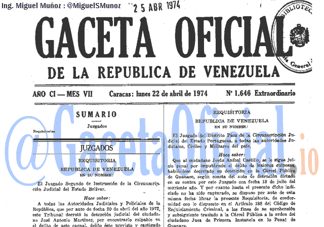 Gaceta Oficial 1646 del 22 Abril 1974