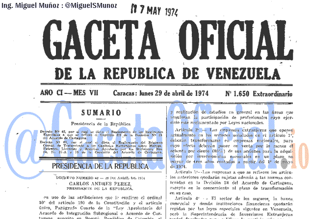 Gaceta Oficial 1650 del 29 Abril 1974