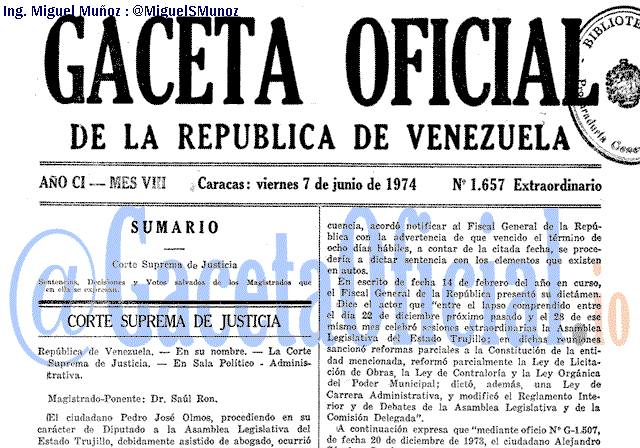 Gaceta Oficial 1657 del 7 Junio 1974